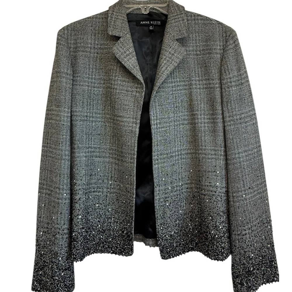 Anne Klein New York Grey Plaid Beaded Sequin Wool Blend Blazer Jacket Size 10